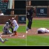 Momentul în care un jucător de baseball este lovit violent în faţă de o minge aruncată cu 150 km/h